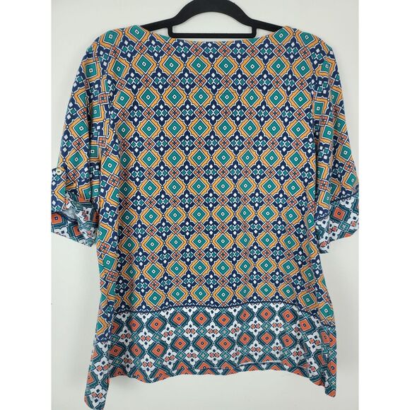 Ruby Rd Top L Womens Multicolor Crew Neck 1/2 Roll Tab Sleeve Geometric Pullover - Picture 8 of 9